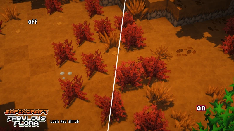 Fabulous Flora add-on - red shrubs off vs on comparison