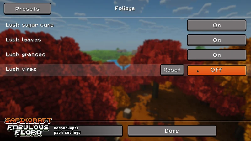 Fabulous Flora add-on - Respackopts toggles for leaves, grasses, vines, and sugar cane
