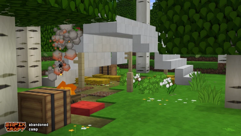 Abandoned camp with wool stairs, slabs, and a campfire