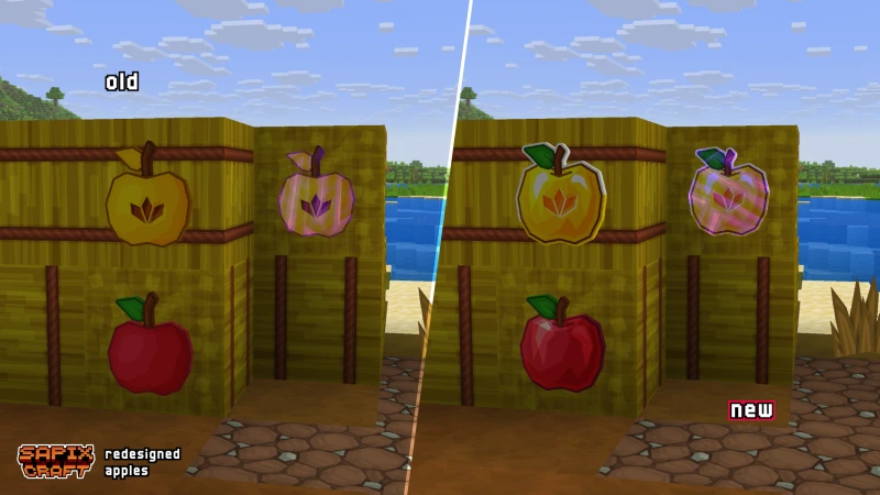 Redesigned apple, golden apple, and enchanted golden apple, old vs new