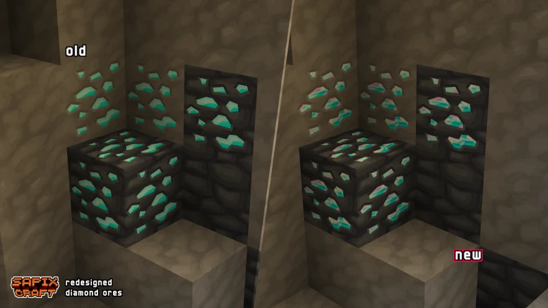 Redesigned diamond ore and deepslate diamond ore, old vs new