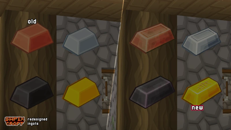 Redesigned iron, gold, copper, and netherite ingots, old vs new