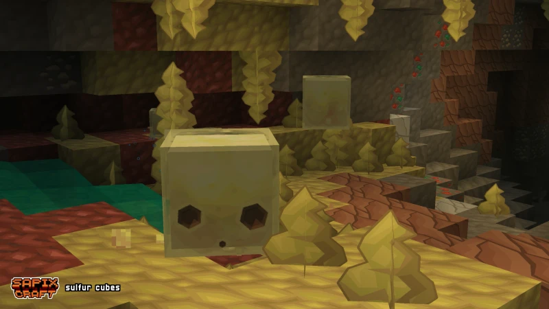 Sulfur Cube and baby Sulfur Cube in a sulfur cave